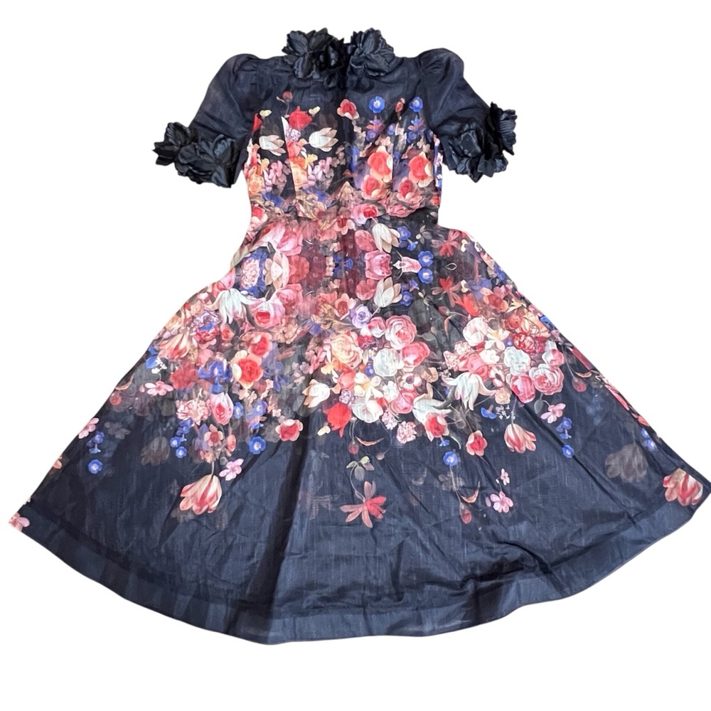 Black Multicolor Floral Sheer Midi Dress Floral Applique Hi-Neck Flare Women XL - Picture 1 of 14